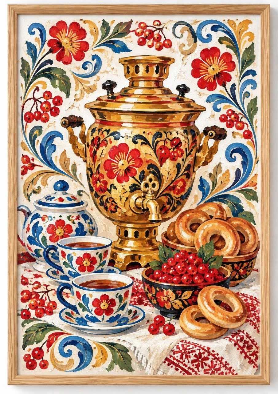 Decorative framed painting with samovar, tea cups, rowan berries and bagels
