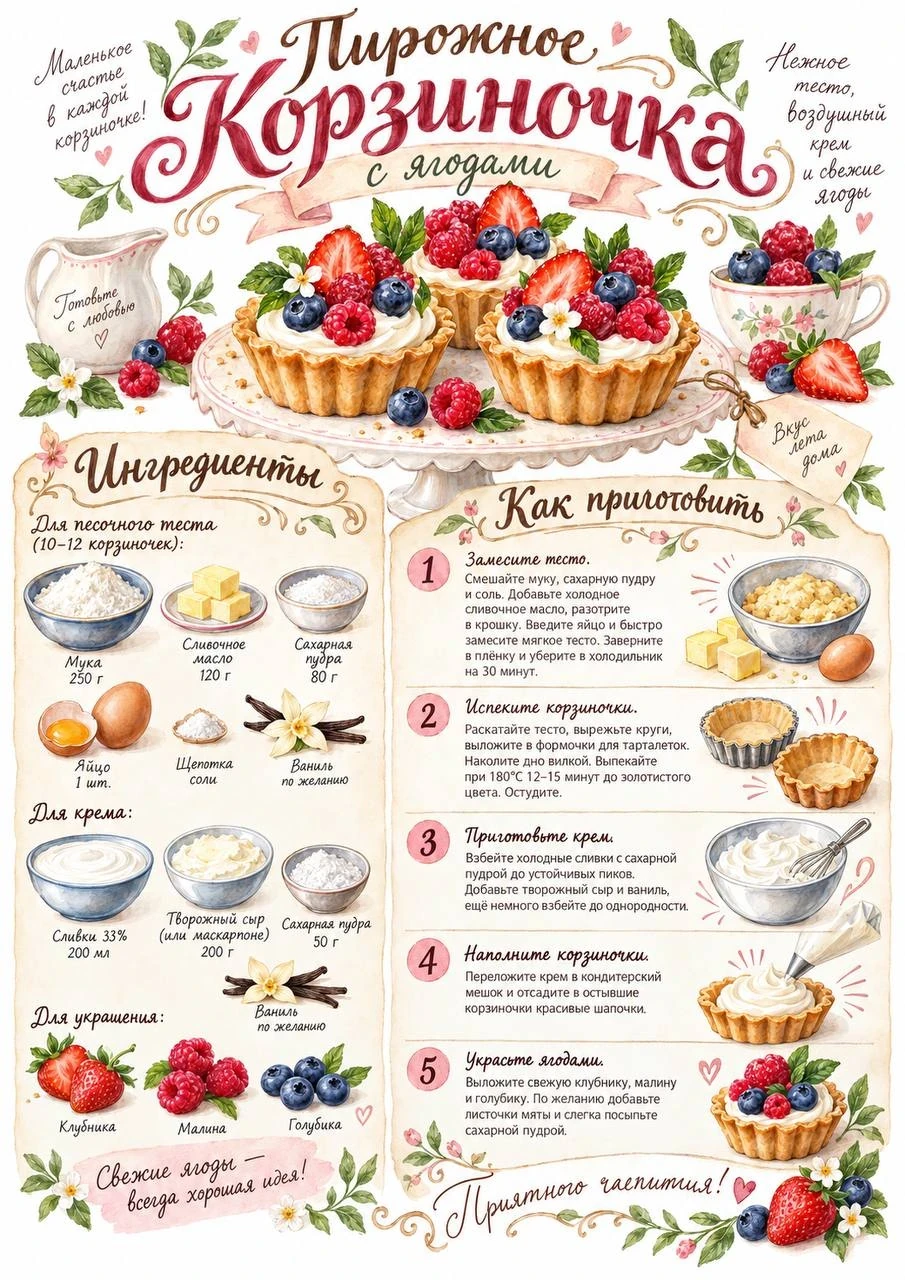 Illustrated recipe sheet for berry tartlets with cream, ingredients and step-by-step preparation