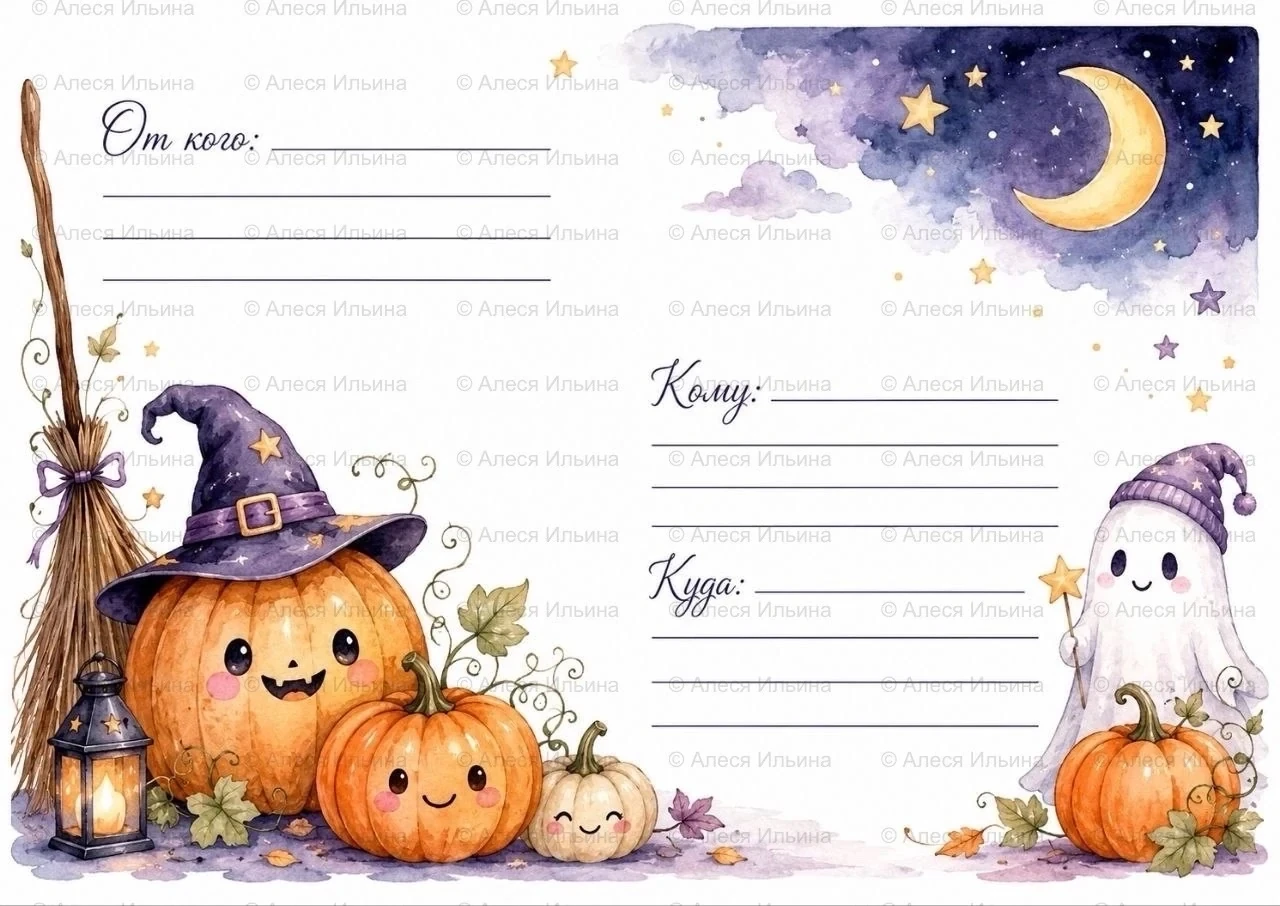 Postal envelope design — Cute Witch — Pumpkins & Ghost