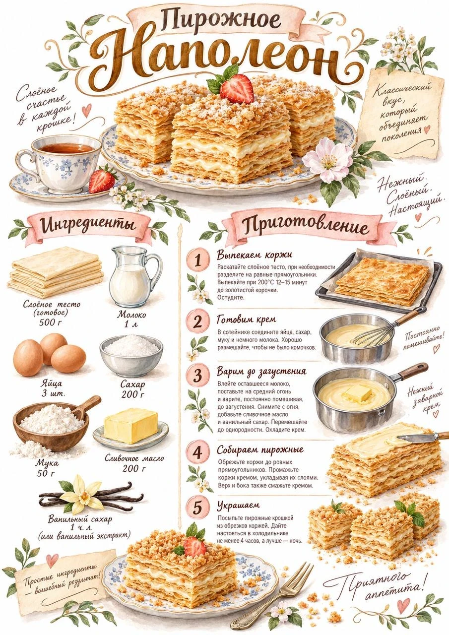 Illustrated recipe sheet for Napoleon pastry, ingredients and step-by-step preparation