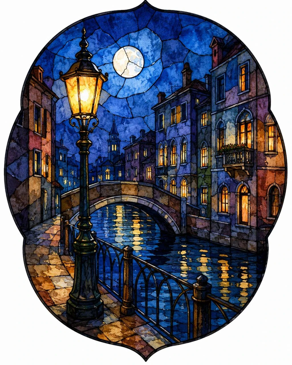 Stained-glass night city illustration with canal reflections, bridge and glowing lanterns