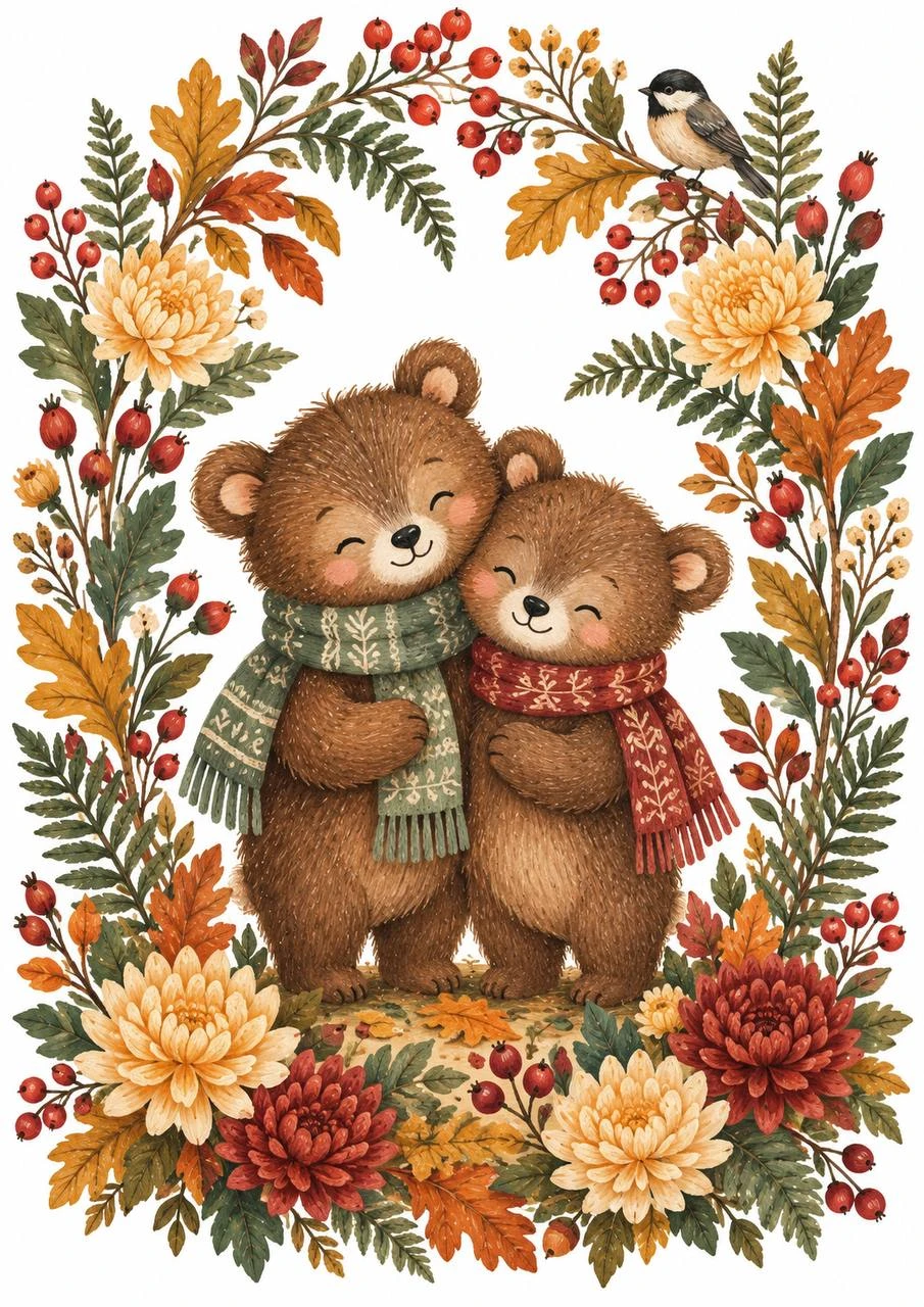Two bear cubs in scarves stand among leaves, flowers and berries. Their different gestures bring the paired portrait to life.