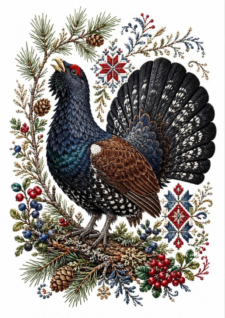 A large forest bird with a fanned tail stands among evergreen branches, cones and red berries. Ornamental details lend the scene a festive character.