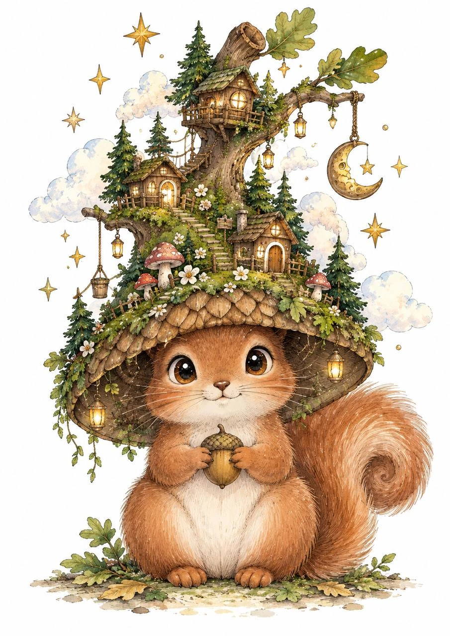 A squirrel wearing a hat made of twigs and leaves holds an acorn. Woodland details turn the hat into part of a storybook world.