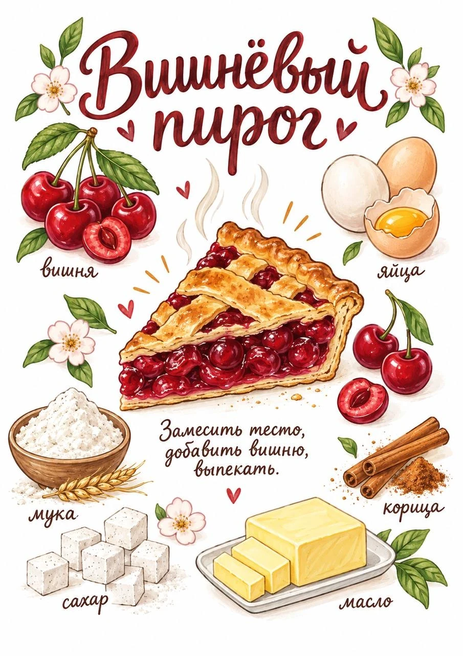 Illustrated cherry pie recipe poster with cherries, eggs, flour, sugar, butter and cinnamon
