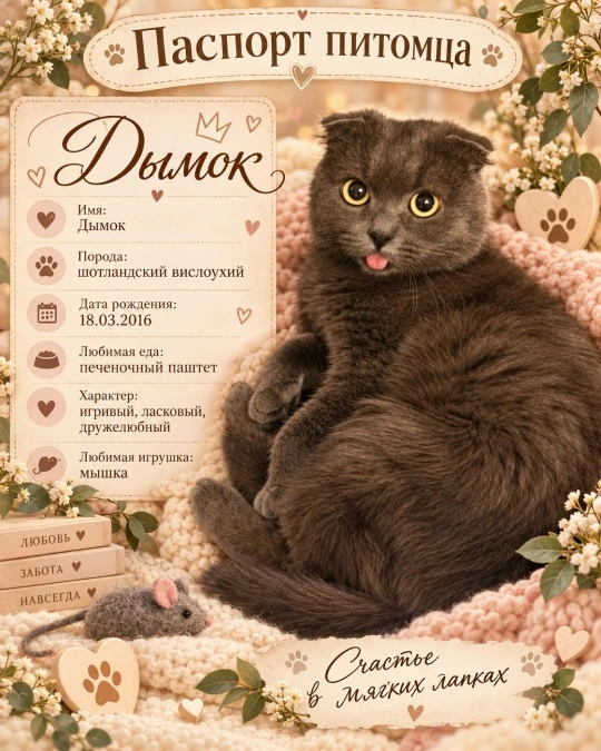 A dark fold-eared cat portrait in a cosy passport design with a cream palette, flowers and paw prints.