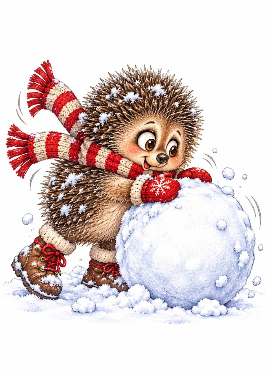 A hedgehog in a striped scarf rolls a large snowball. Its movement and the flying snowflakes capture the joy of winter play.