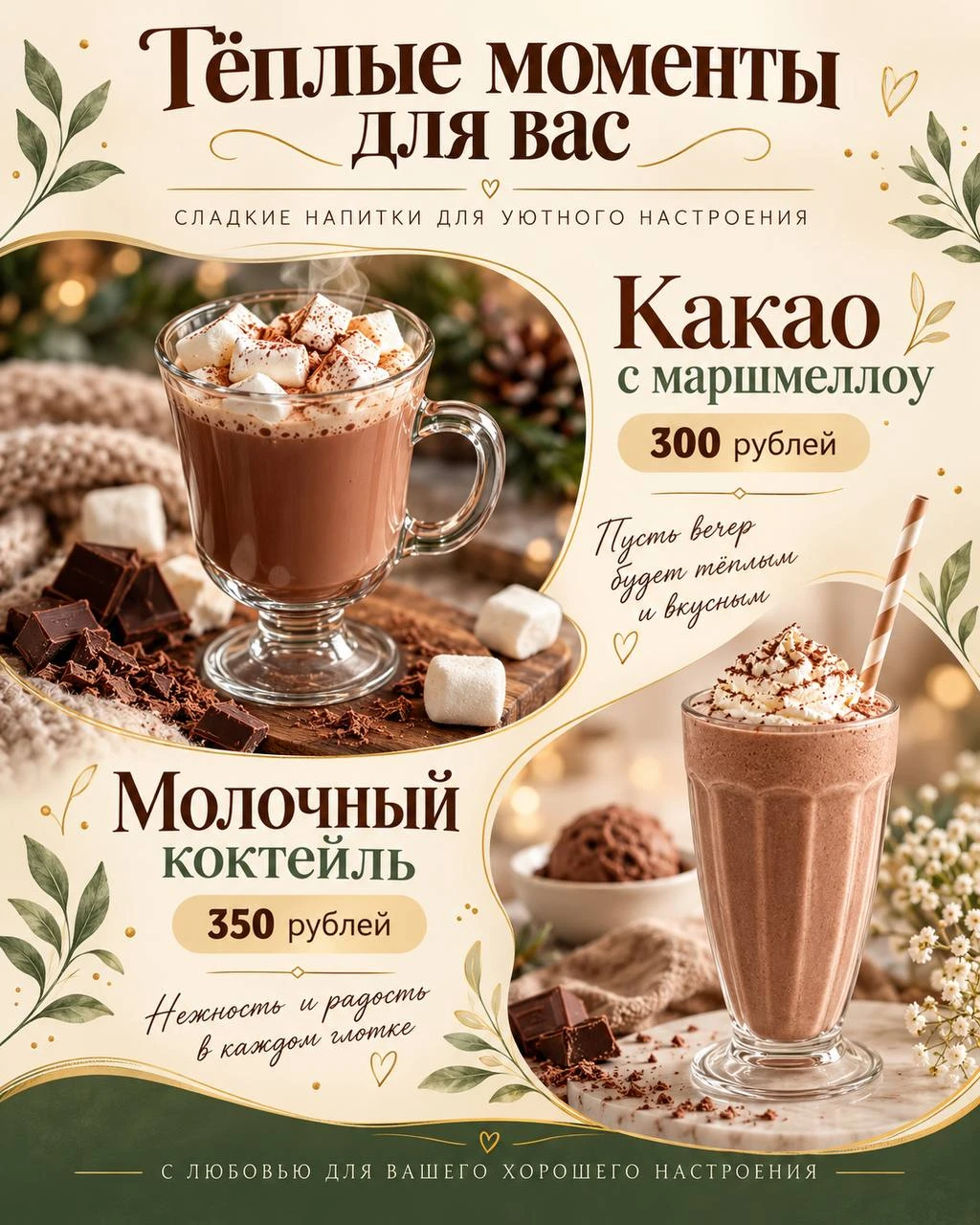 Cocoa and Milkshake — Cozy Drinks Menu