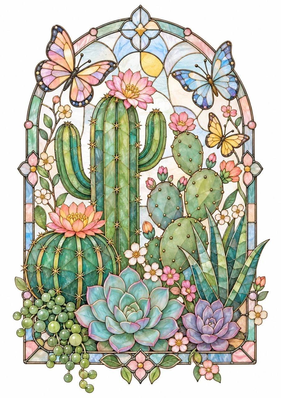 Stained-glass illustration of blooming cacti, succulents and butterflies in a pastel arched frame