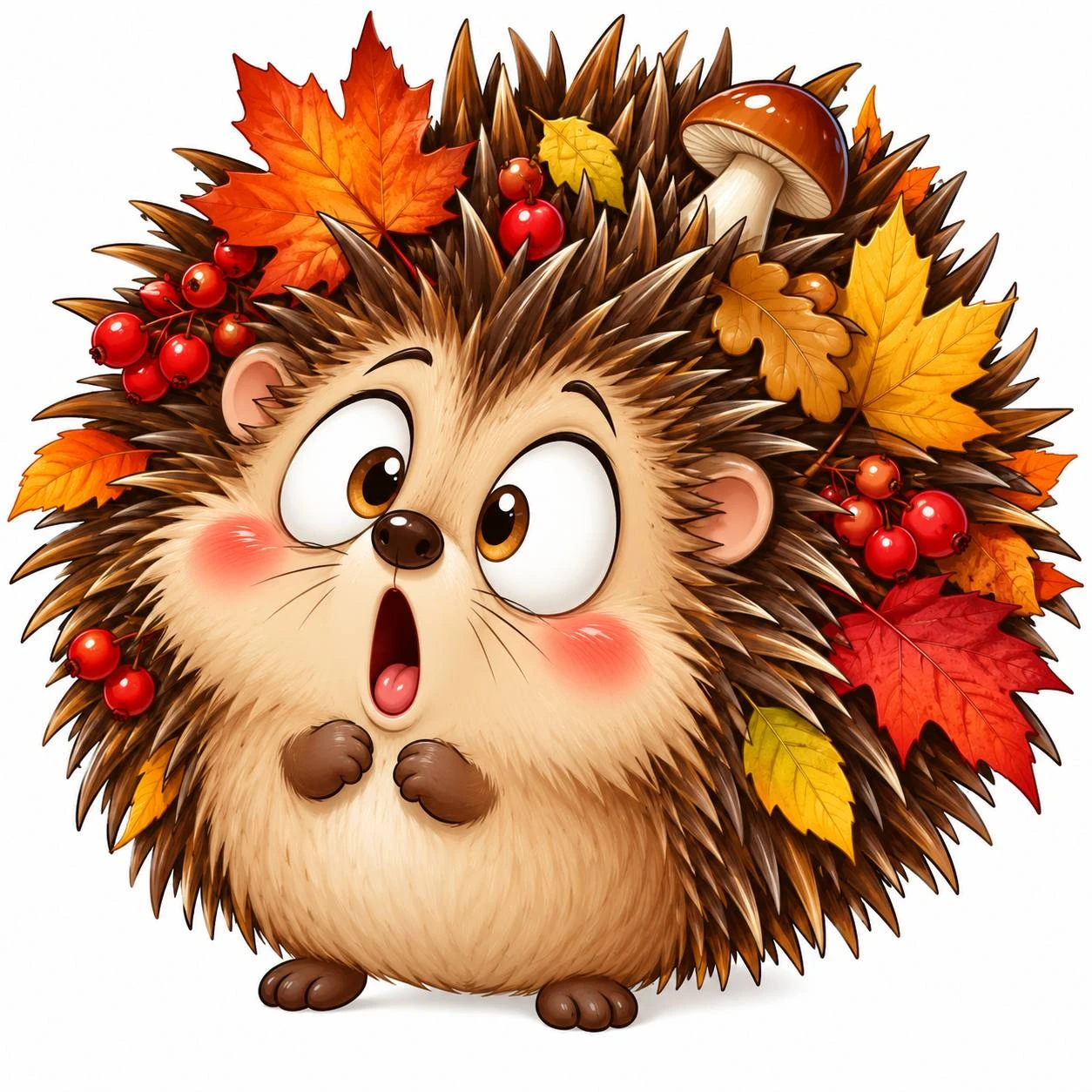 A surprised hedgehog peeks out from bright leaves, berries and mushrooms. A rich autumn palette amplifies its expression.