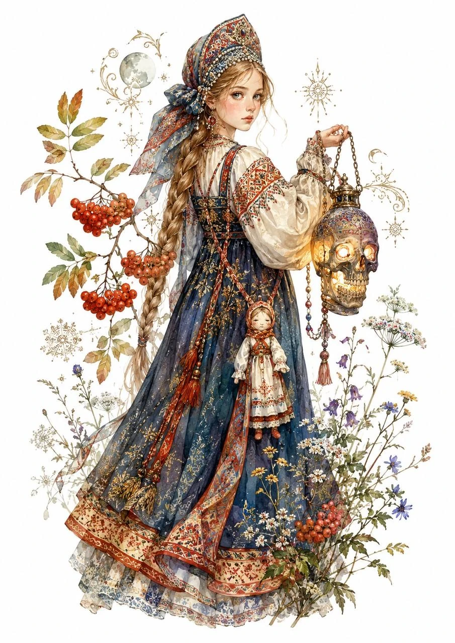 Fairy-tale illustration of a braided girl in richly patterned folk dress holding a glowing magical lantern among rowan branches and wildflowers