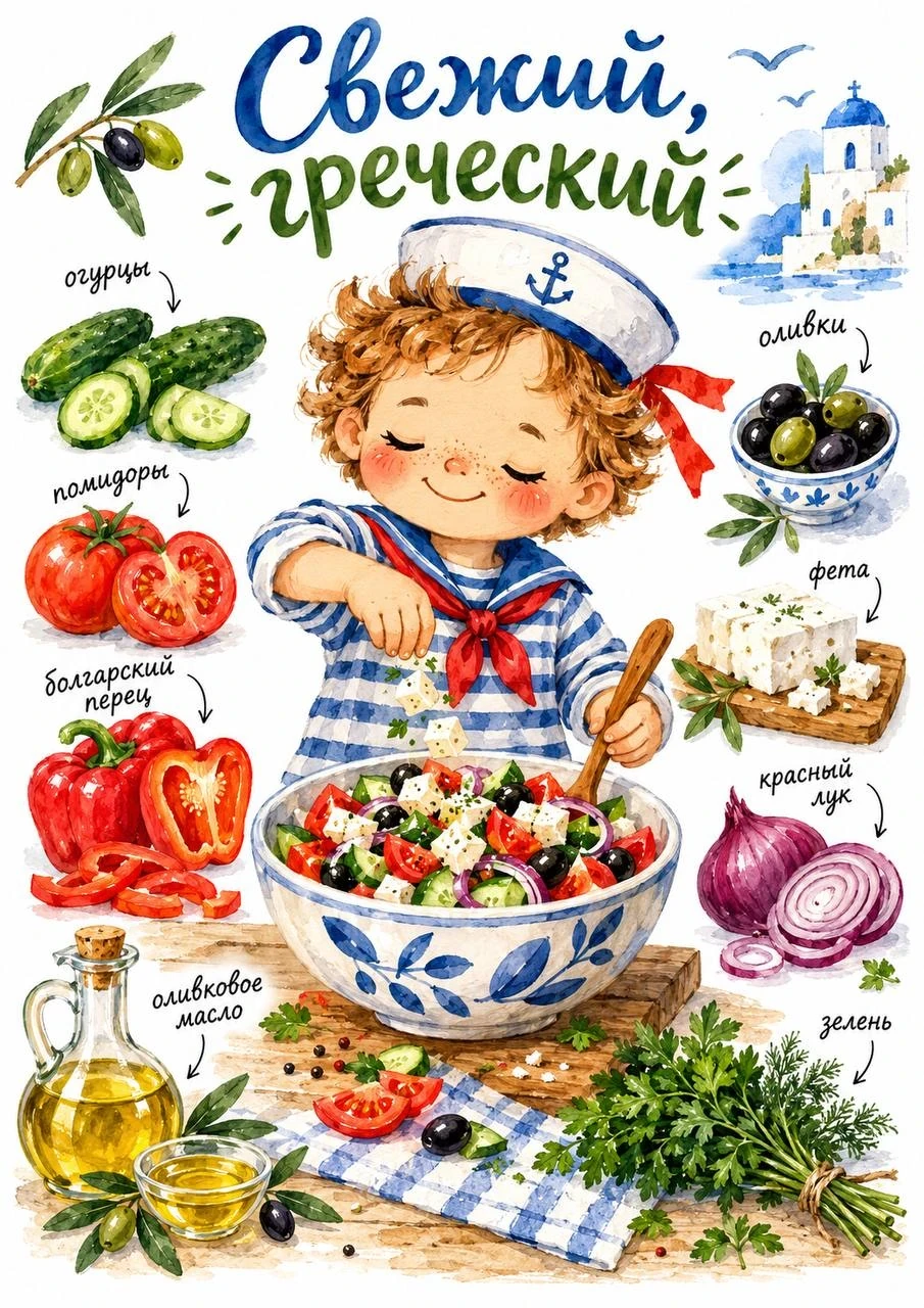Watercolor illustrated recipe card for Greek salad with cucumbers, tomatoes, bell pepper, olives, feta, red onion and olive oil