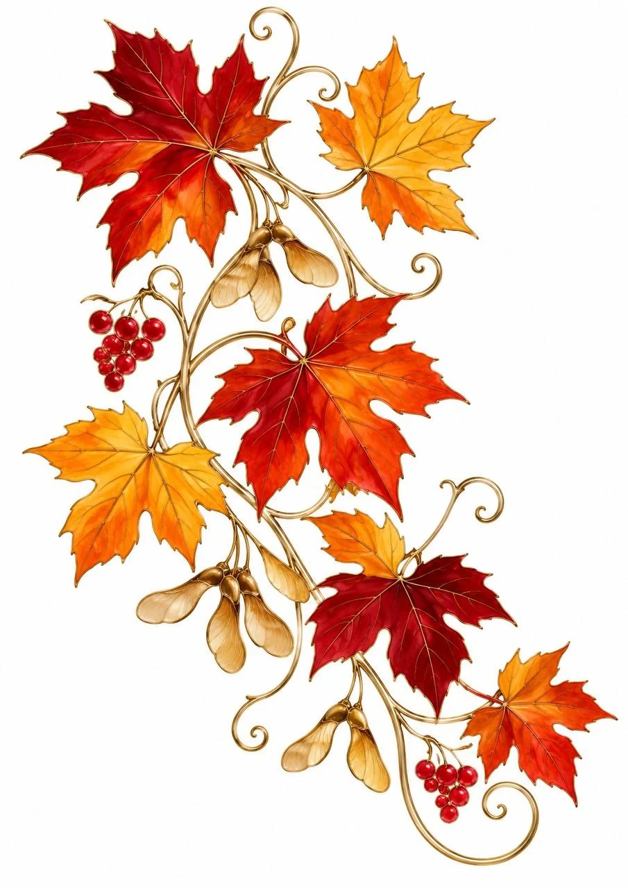 Decorative stained-glass style composition of red and gold maple leaves, berry clusters and delicate curling tendrils