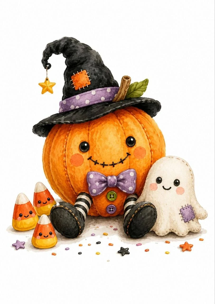 Cute Halloween watercolor illustration of a plush pumpkin character in a witch hat sitting beside a tiny ghost and candy corn