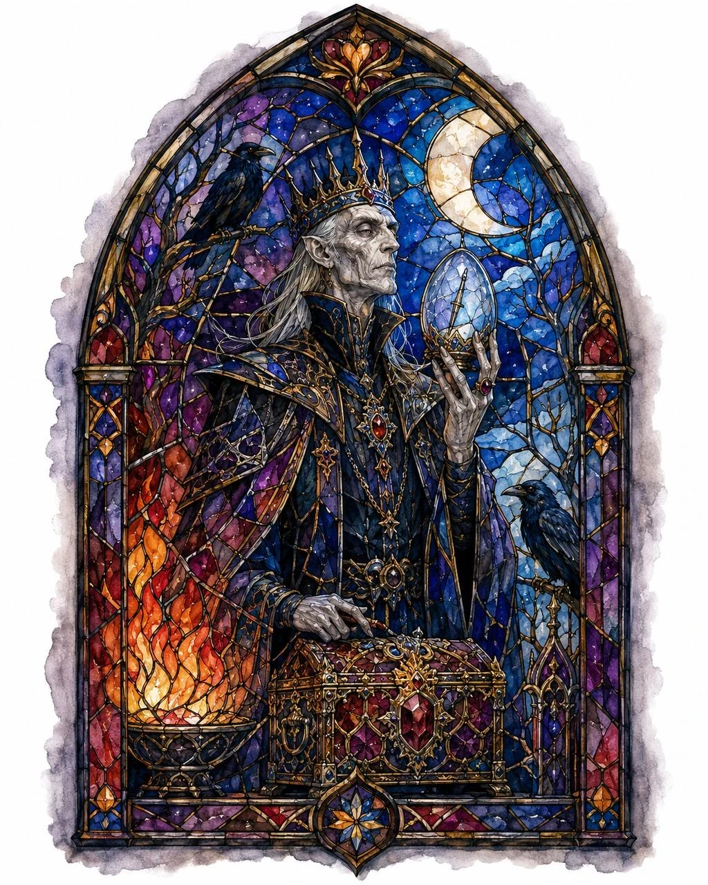 Stained-glass fantasy illustration of a moonlit sorcerer king with ravens