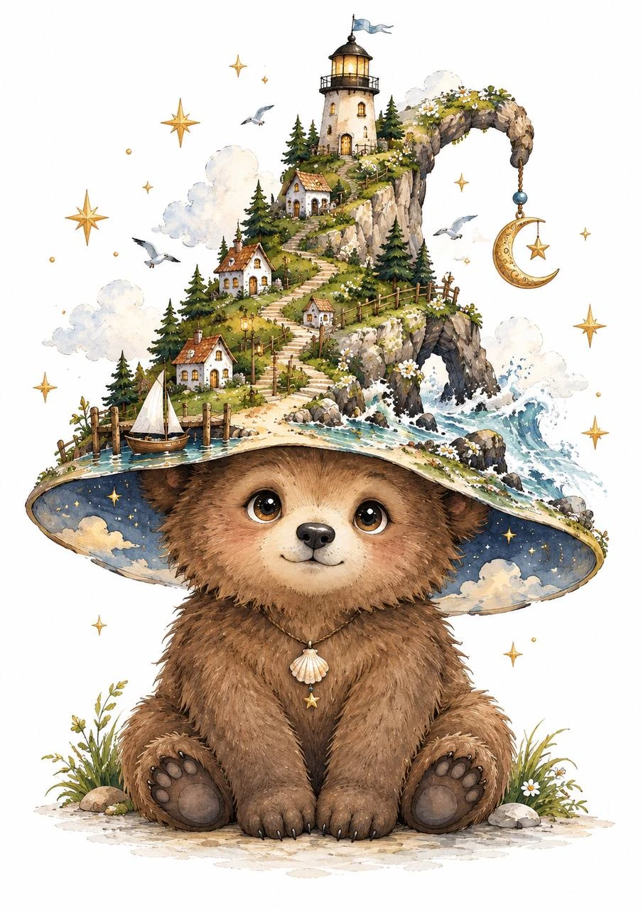 A bear cub sits beneath an oversized hat resembling a tiny forest with trees and stars. Its calm pose lets the storybook details shine.