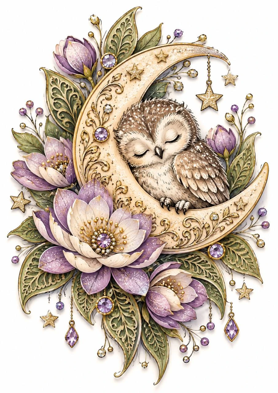 An owlet sits on a patterned crescent surrounded by flowers, stars and leaves. Storybook details evoke a quiet night.