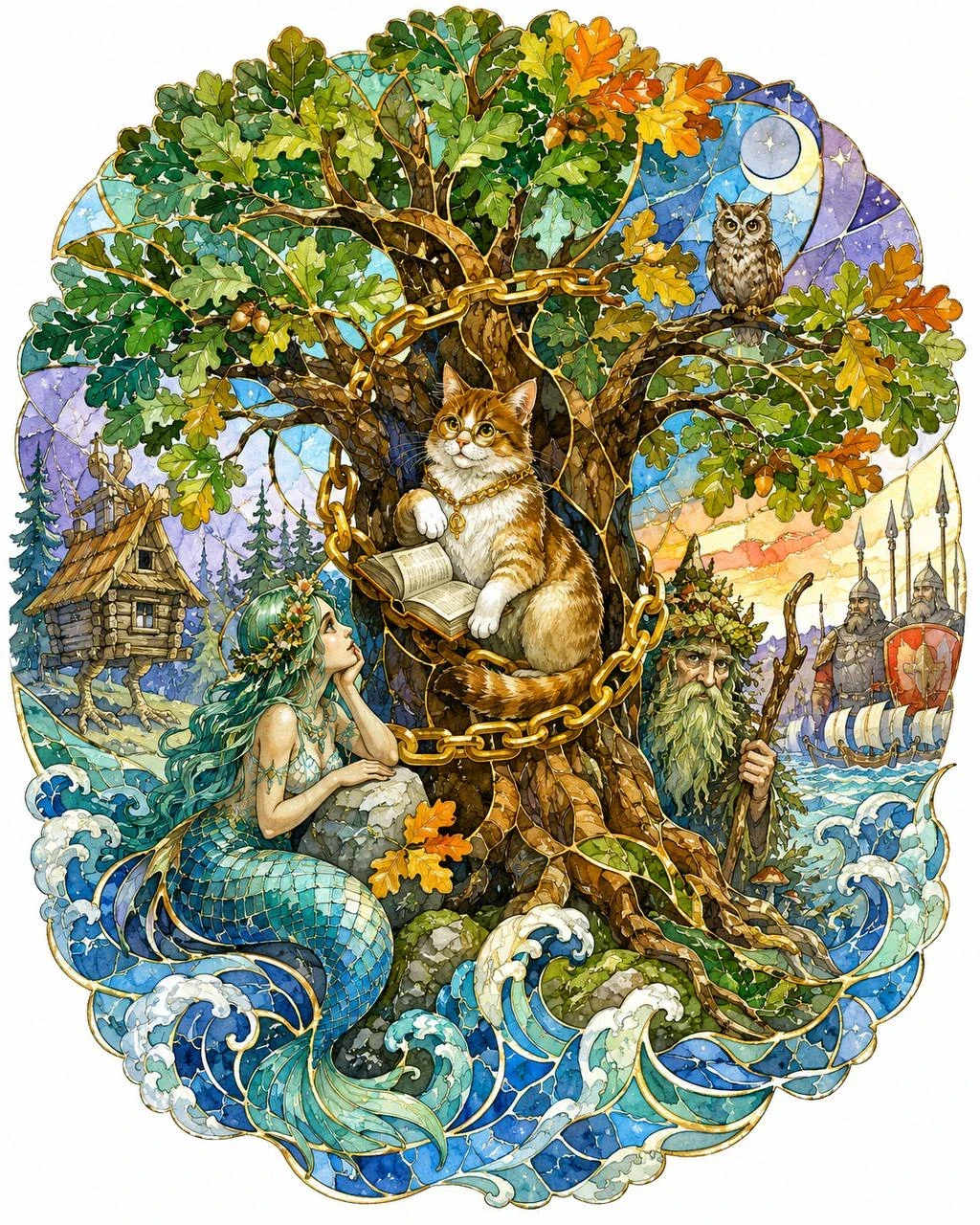Fantasy stained-glass illustration inspired by Lukomorye with a mermaid, a learned cat and Slavic fairytale motifs