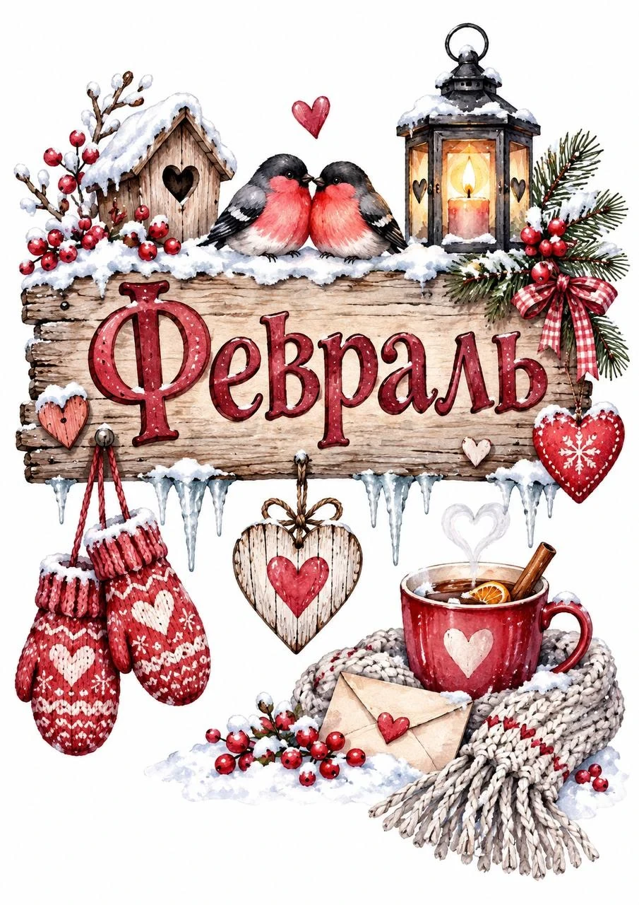 Seasonal watercolor sign for February with bullfinches, a lantern, knitted mittens, a warm drink and snowy romantic winter decor