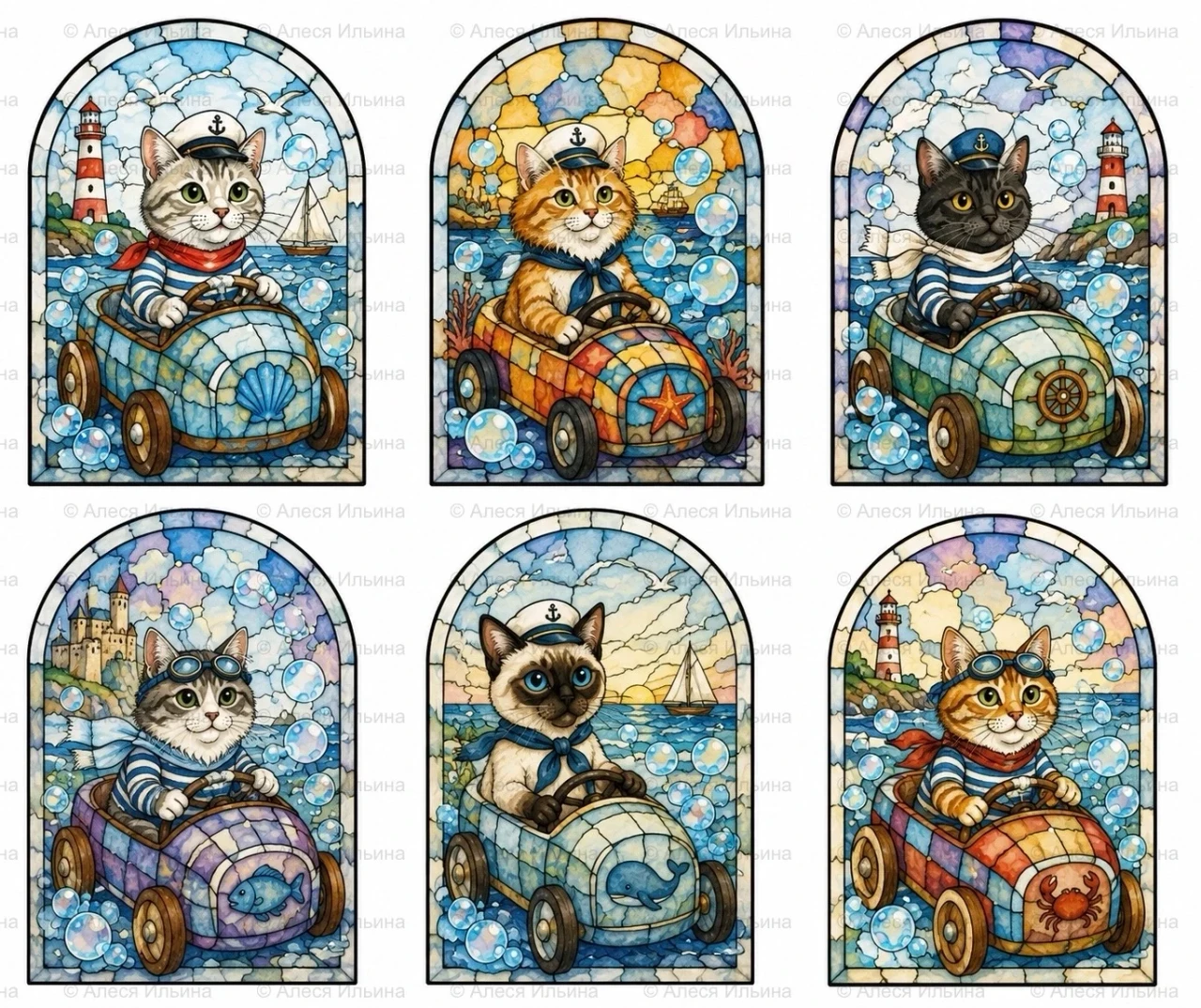 Sticker collection — Stained-Glass Sea Cats Racers