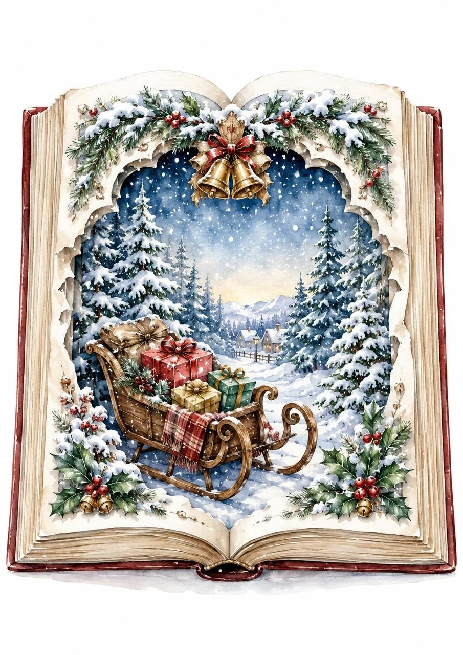 Watercolor open storybook with a snowy sleigh scene, wrapped gifts, holly, bells and a winter forest village