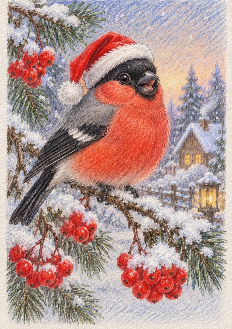 Bullfinch in a Christmas Hat