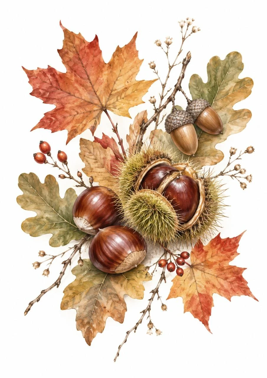 Delicate watercolor autumn botanical arrangement with chestnuts, acorns, oak leaves and maple leaves