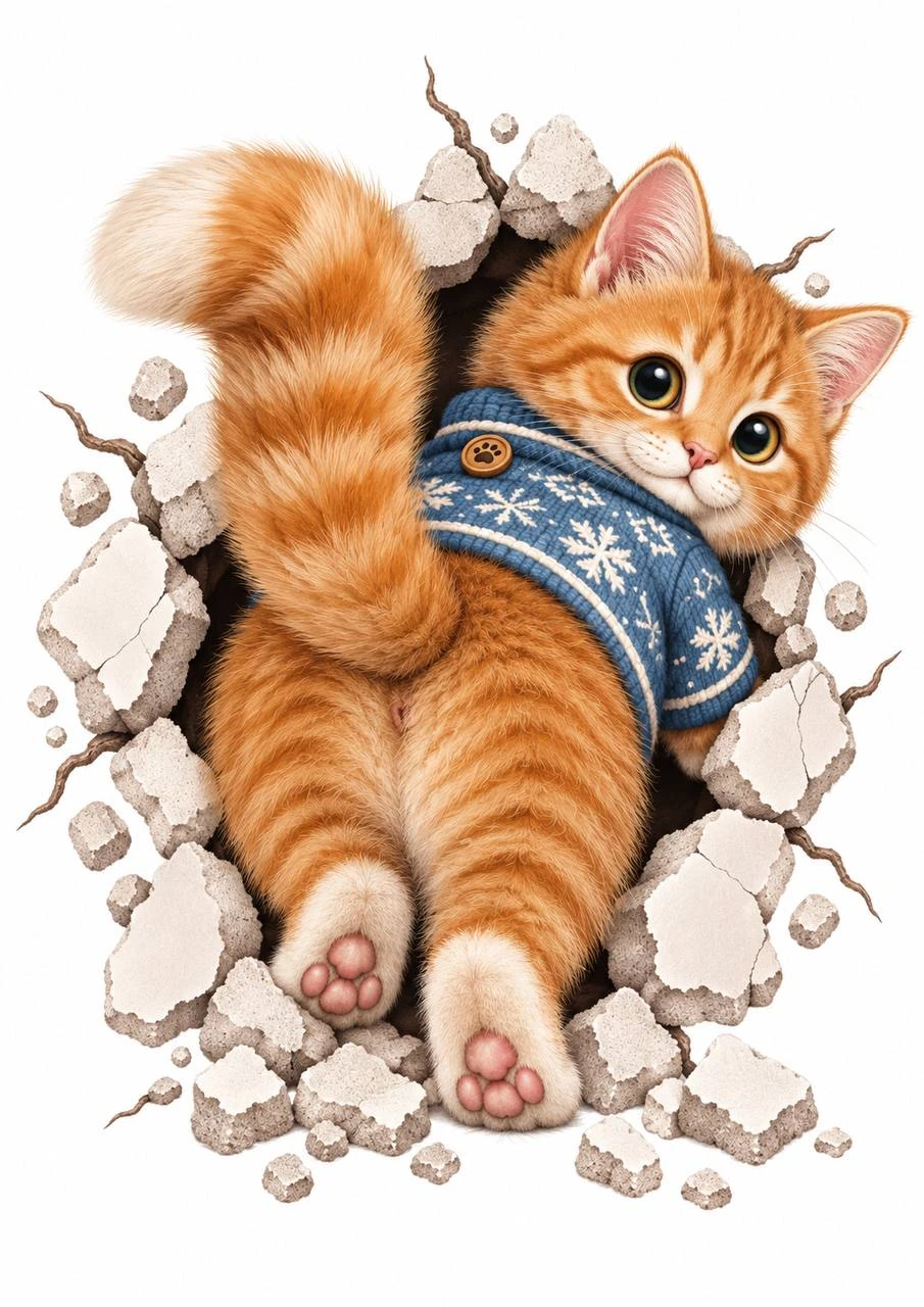 A ginger kitten peeks through torn paper. Paws and tail reaching beyond the opening play with the picture’s frame.