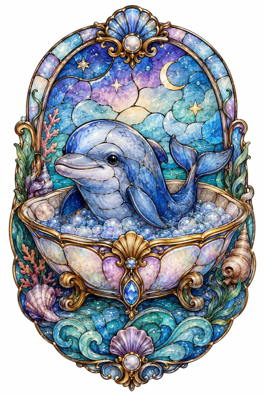 Stained-glass illustration of a dolphin in an ornate shell bath