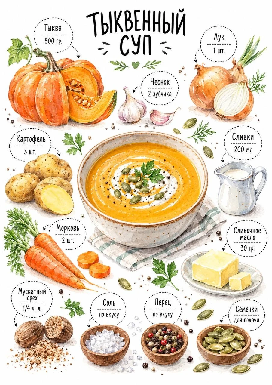 Watercolor ingredient layout for creamy pumpkin soup with pumpkin, potatoes, carrots, onion, garlic, cream, butter, nutmeg and pumpkin seeds