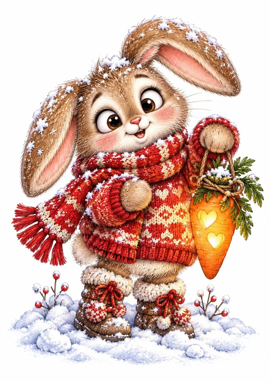 A rabbit in red winter clothes holds a carrot on a snowy path. Warm clothing details contrast with the cool snow.