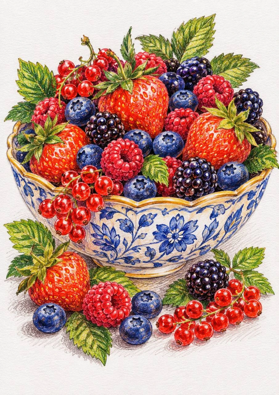 Berries in a Decorated Bowl