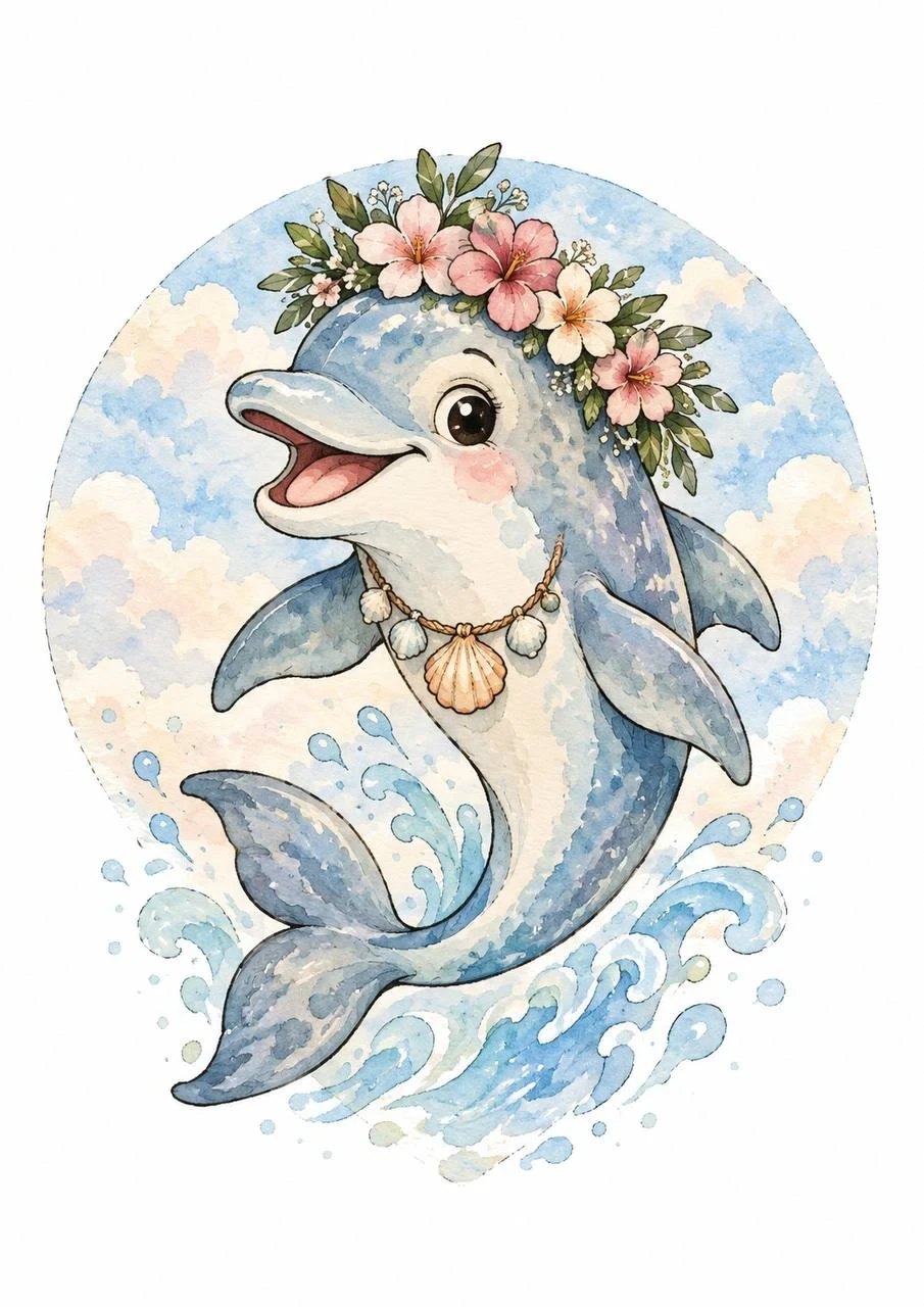 Gentle watercolor illustration of a smiling dolphin wearing a flower crown and seashell necklace, splashing against a soft sky-blue circle