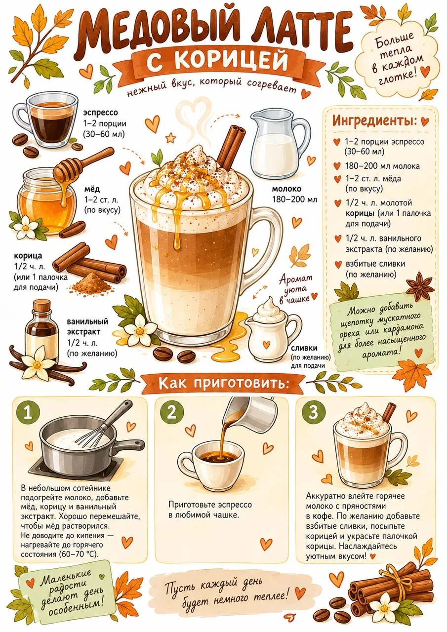 Illustrated recipe poster for honey latte with cinnamon, espresso, milk, honey and whipped cream