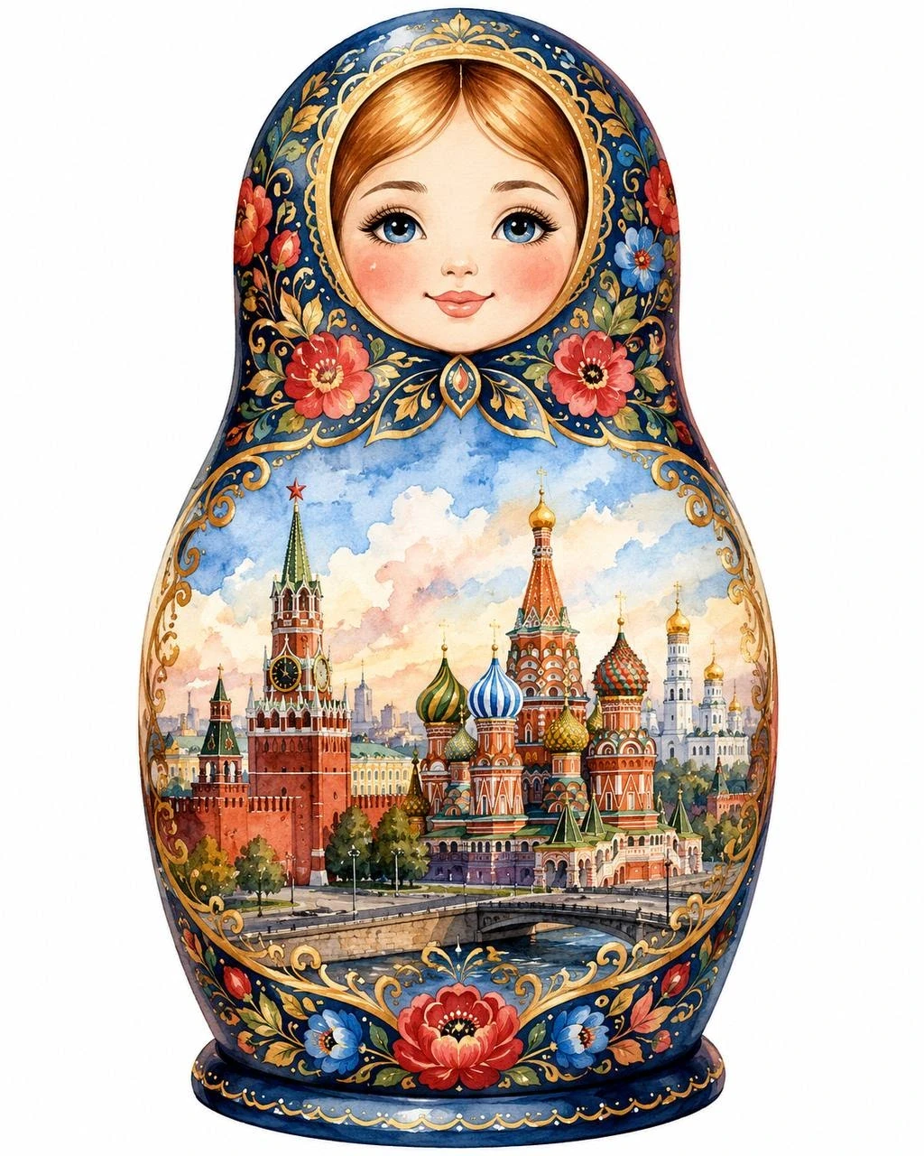 Decorative matryoshka doll with Moscow landmarks including Saint Basils Cathedral and the Kremlin