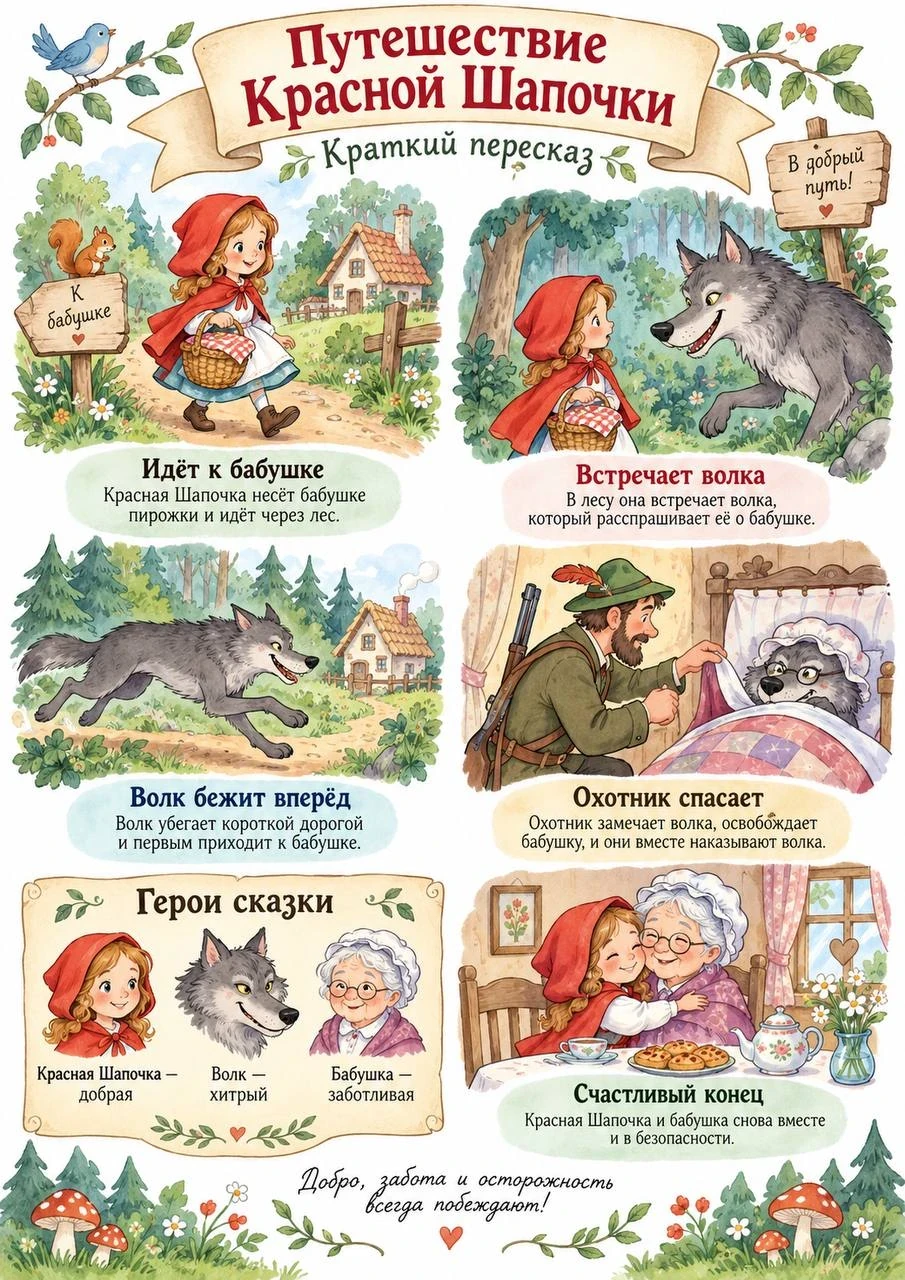 Illustrated children's story page retelling Little Red Riding Hood with key scenes and characters