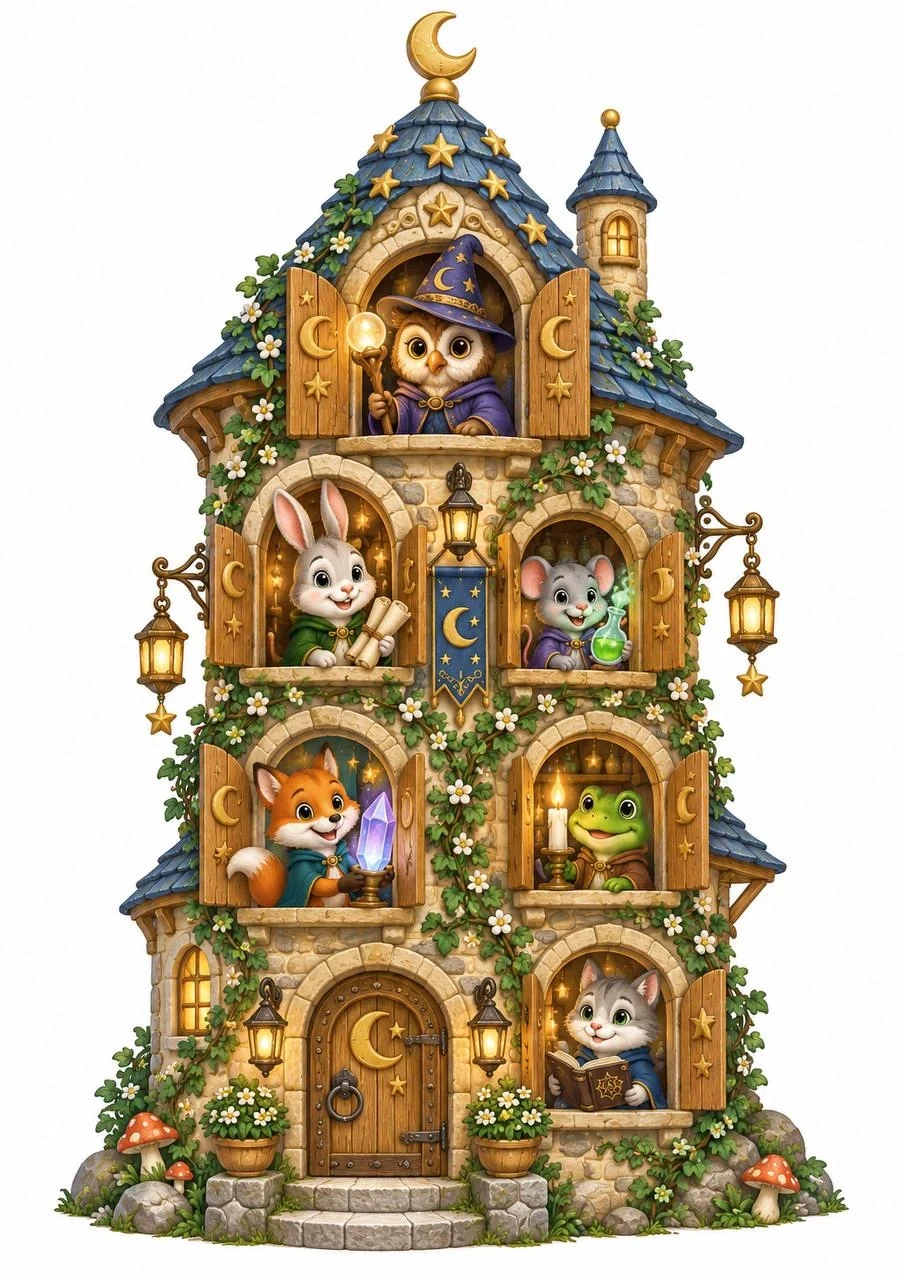 Detailed fairy-tale illustration of a tall enchanted stone tower house with owl, rabbit, mouse, fox, frog and kitten looking out from cozy windows