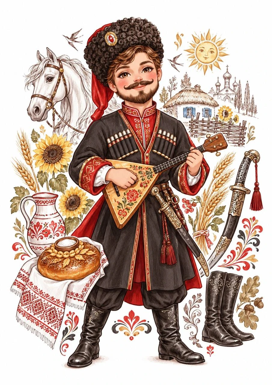 Decorative illustration of a folk musician with balalaika and traditional rustic elements