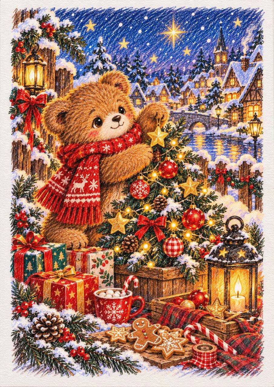 Little Bear by a Decorated Christmas Tree