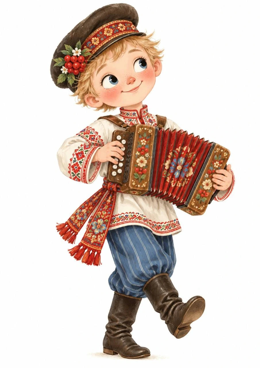 Cheerful folk-style boy in traditional clothing playing an accordion