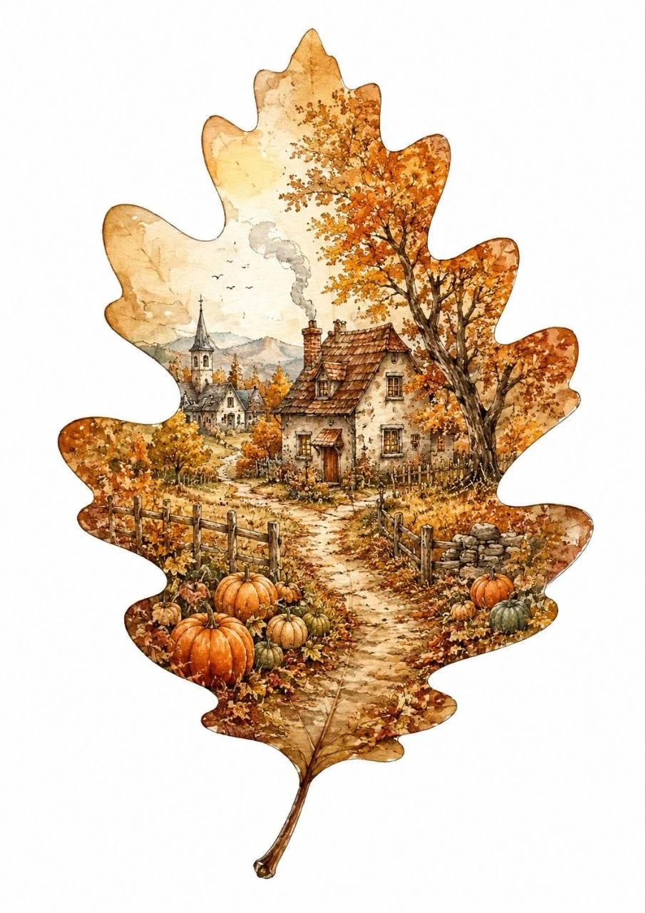 Warm watercolor autumn village with pumpkins, a cottage and golden trees painted inside an oak leaf silhouette