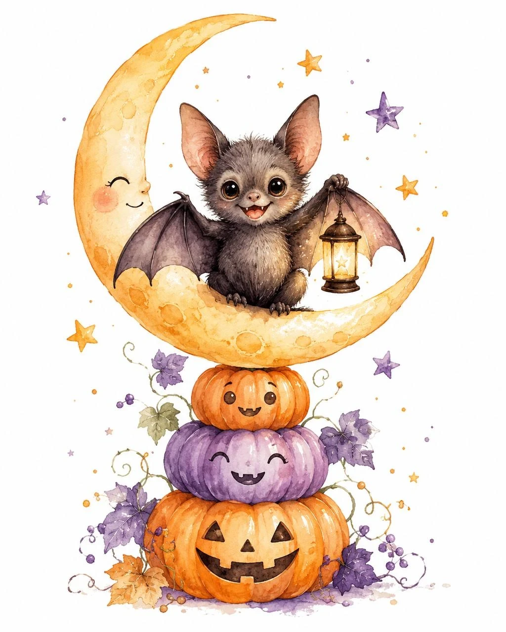 Whimsical watercolor bat sitting on a crescent moon above a stack of smiling Halloween pumpkins with tiny stars