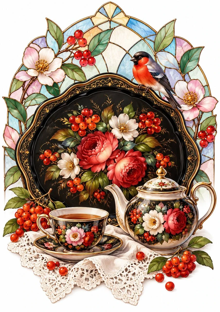 Decorative still life with floral lacquerware tea set, rowan berries, a black tray and a bullfinch
