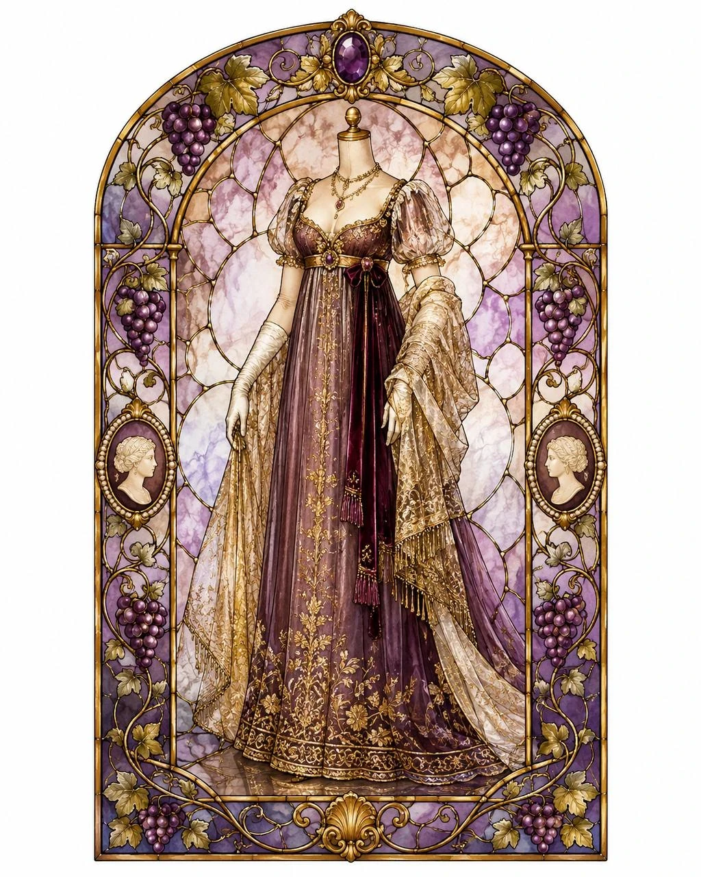 Stained-glass fashion illustration of a luxurious Victorian gown in grape tones