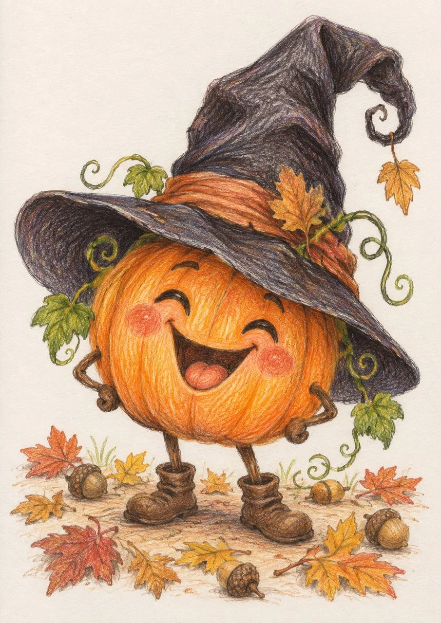 Cheerful Pumpkin in a Witch's Hat