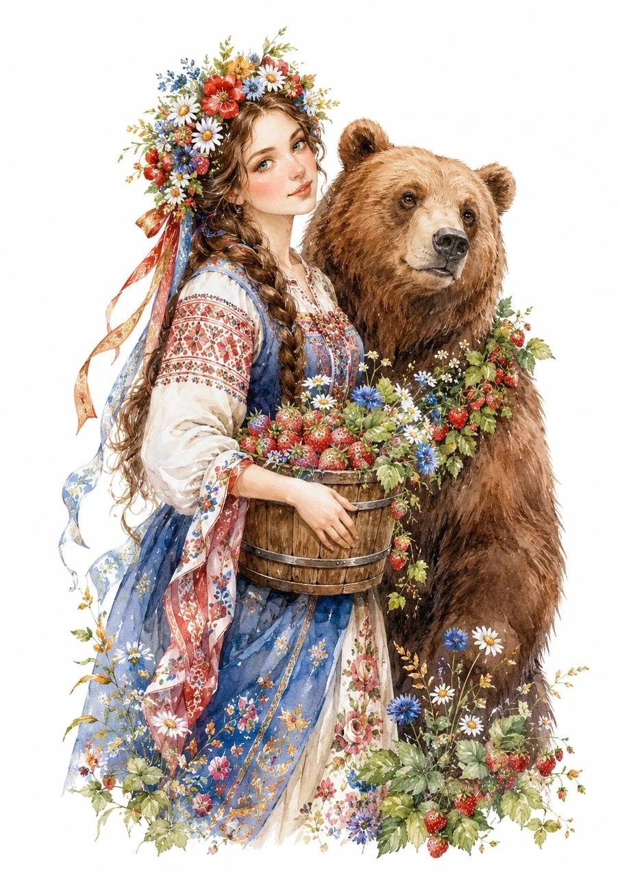 Watercolor illustration of a folk girl in a blue dress holding a berry bucket beside a friendly brown bear