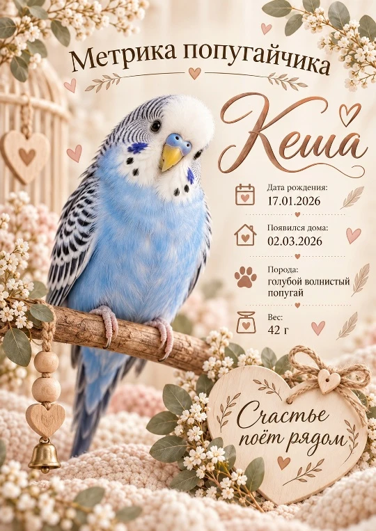 A blue budgie on a delicate keepsake certificate with flowers, hearts and warm beige typography.