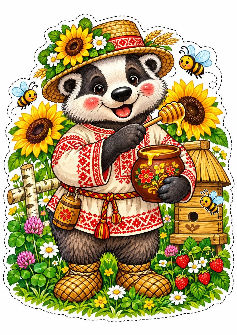 A dressed-up raccoon stands among sunflowers and autumn produce. Bright blooms and patterned clothing create a festive character.