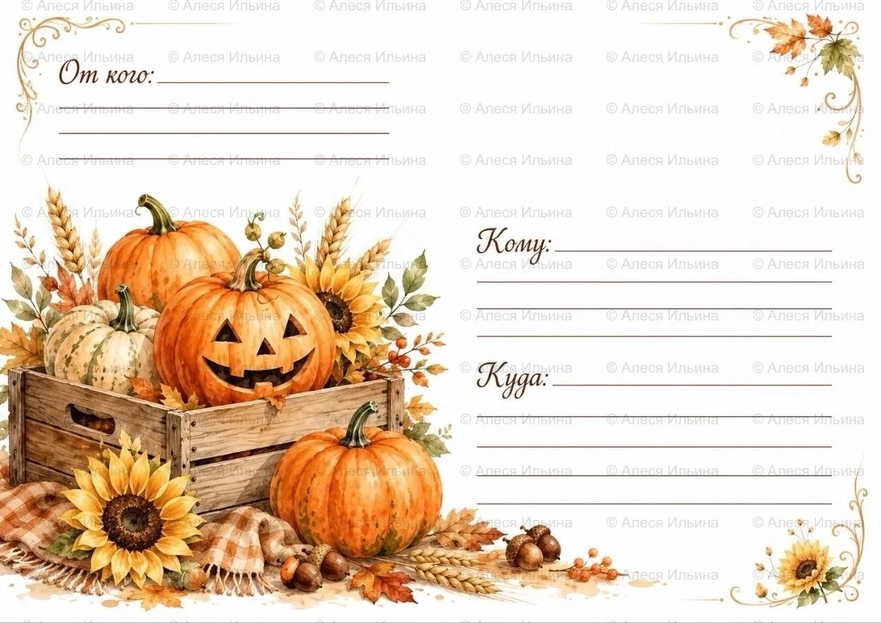 Postal envelope design — Autumn Harvest — Pumpkins & Sunflowers