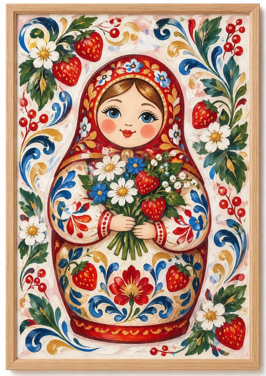 Decorative framed painting with a matryoshka, strawberries and flowers